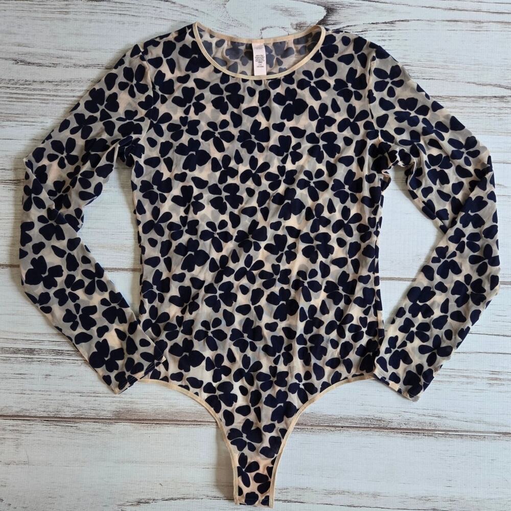 Victoria's Secret Sheet Velvet Blue Floral Long Sleeve Thong Bodysuit sz L
